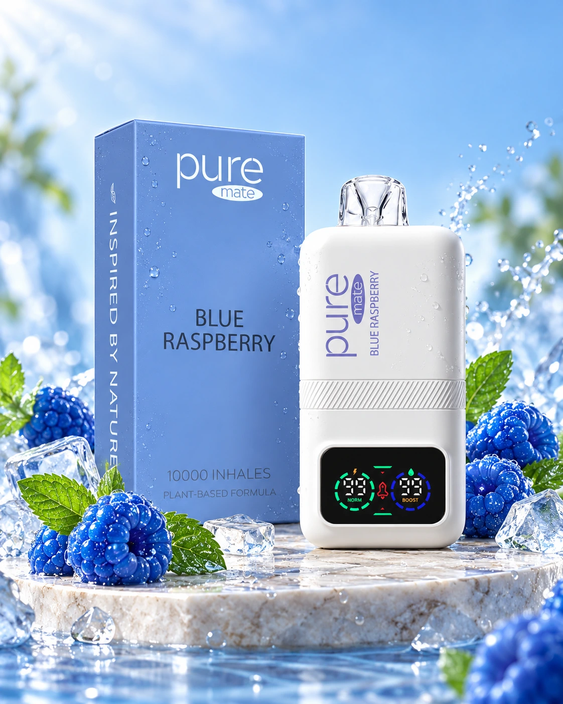 Pure Mate Blue Raspberry vitamin B12 diffuser with matching product packaging