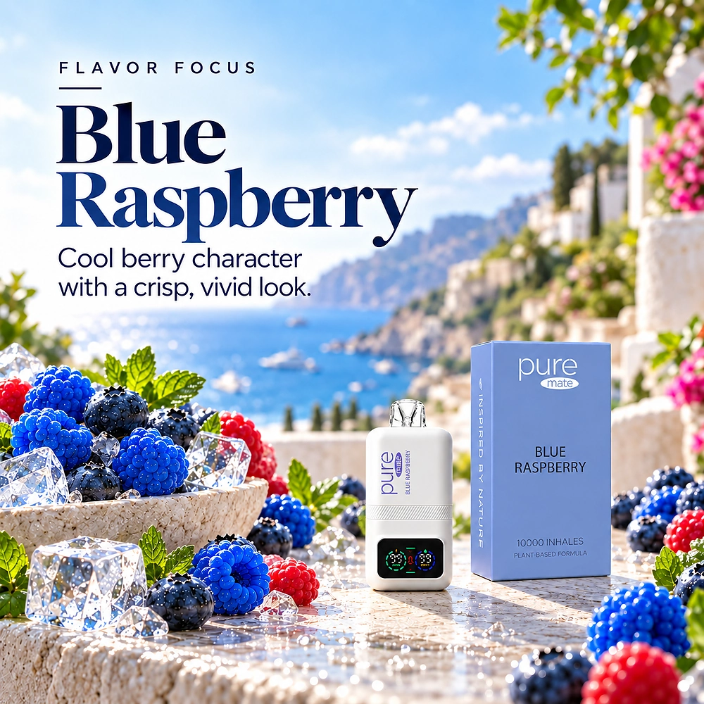 Pure Mate Blue Raspberry vitamin B12 diffuser with Blue Raspberry inspired flavor styling