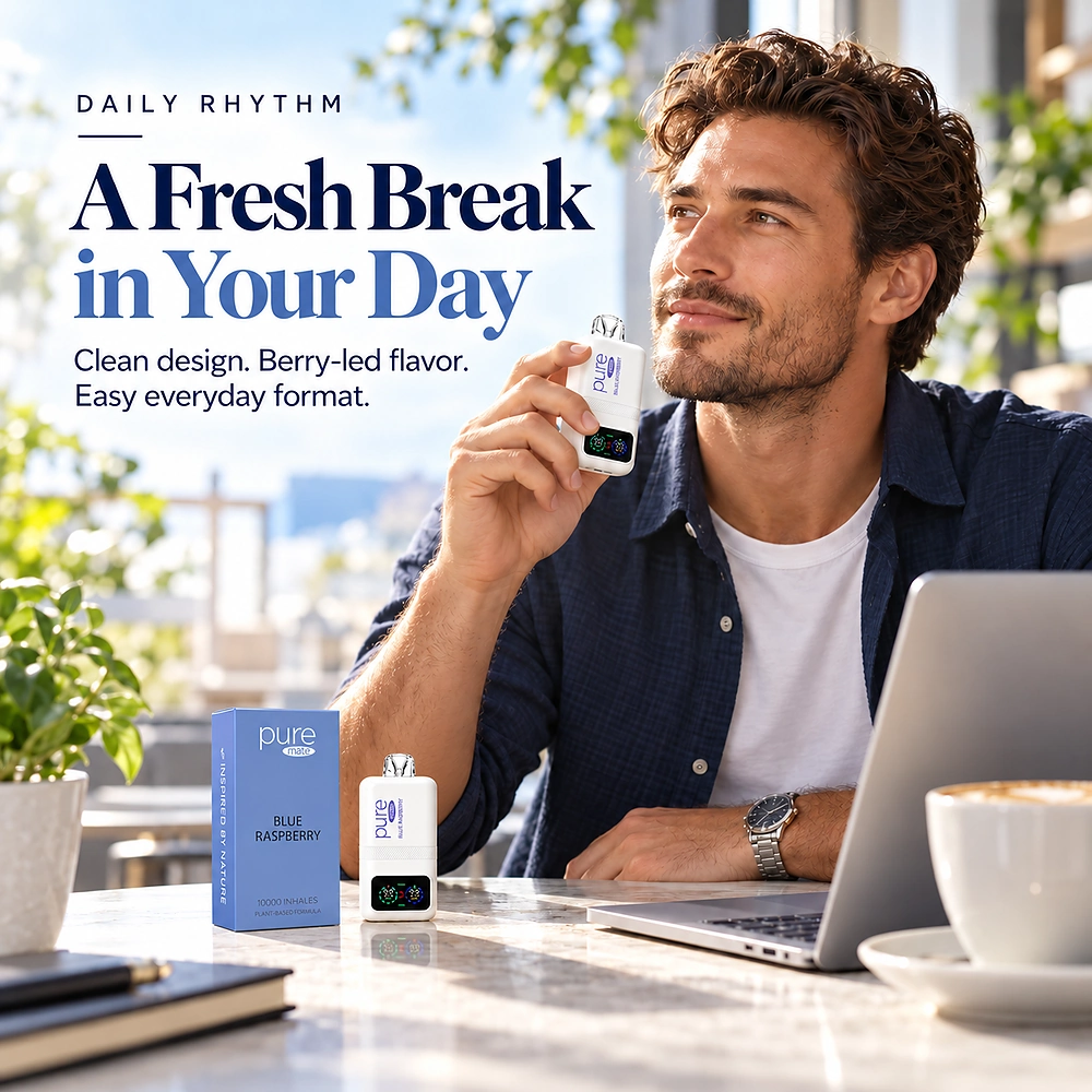 Adult man with Pure Mate Blue Raspberry vitamin B12 diffuser in a modern lifestyle setting