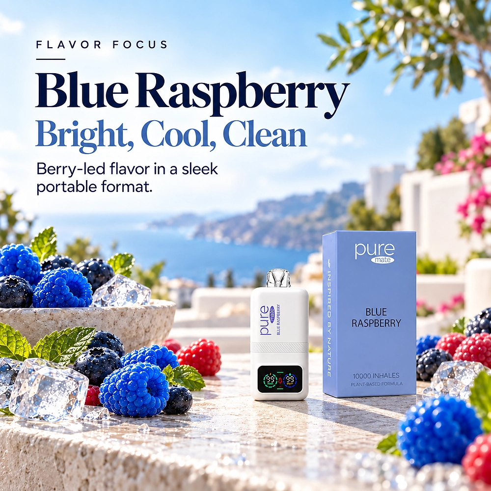 Pure Mate Blue Raspberry vitamin B12 diffuser with matching product packaging