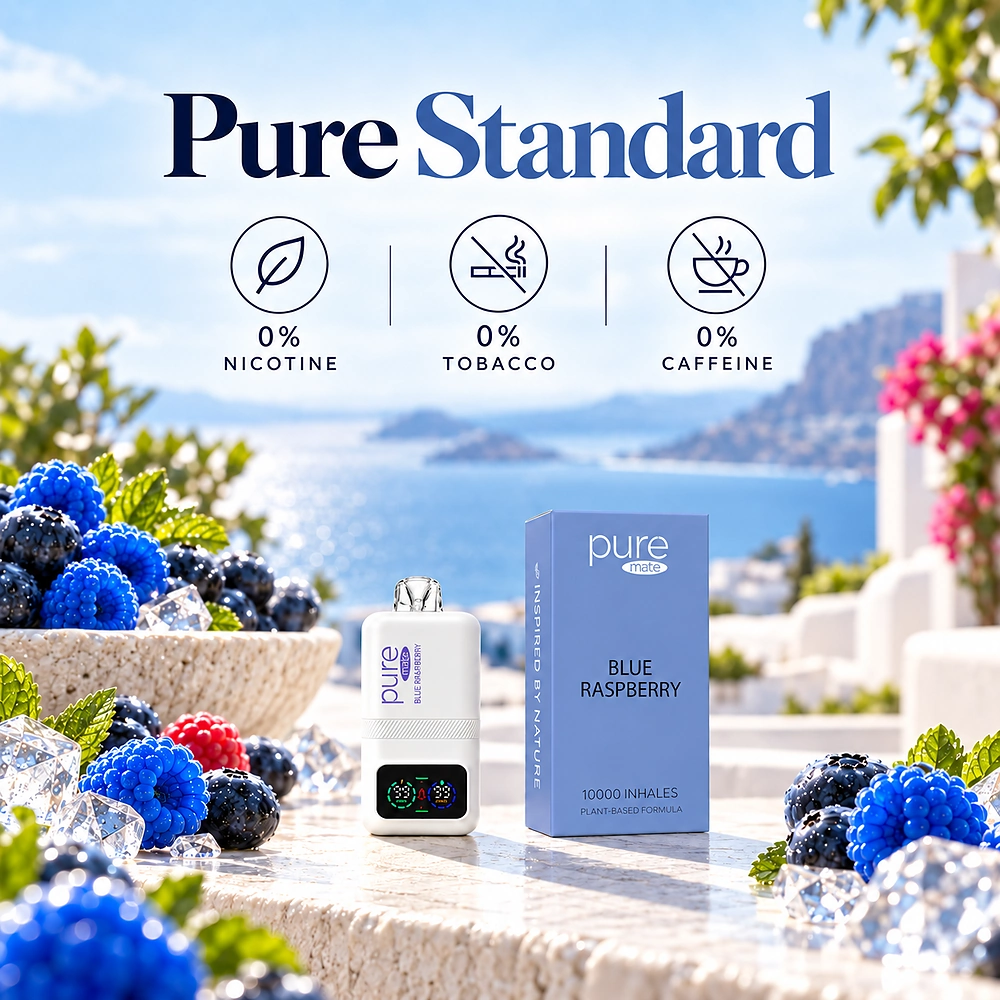 Pure Mate Blue Raspberry vitamin B12 diffuser with product information for nicotine-free everyday browsing