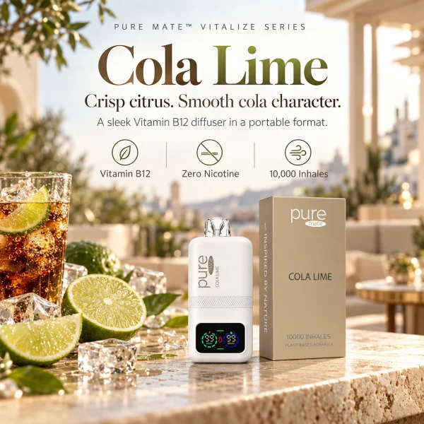Pure Mate Cola Lime vitamin B12 diffuser with matching product packaging