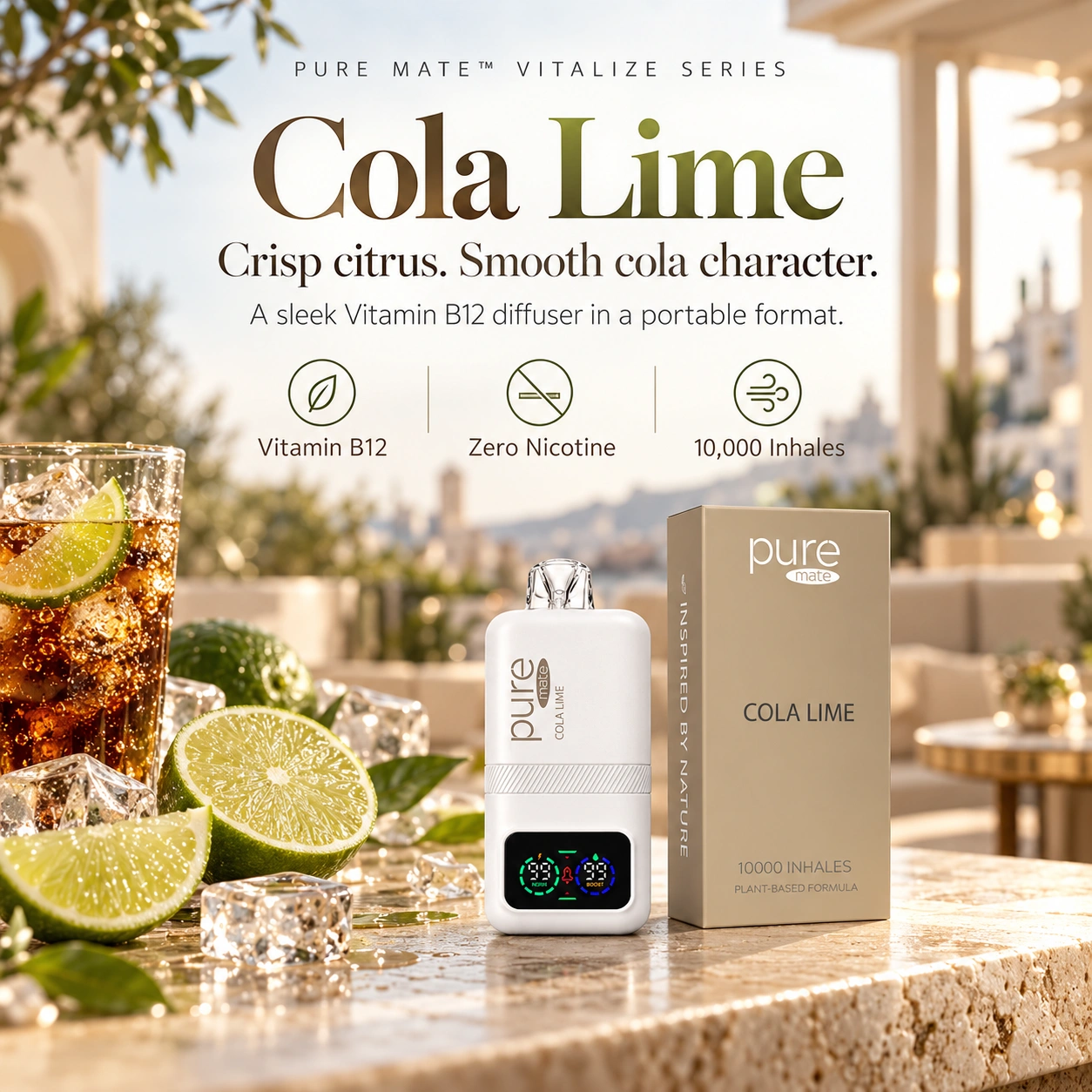 Pure Mate Cola Lime vitamin B12 diffuser with matching product packaging