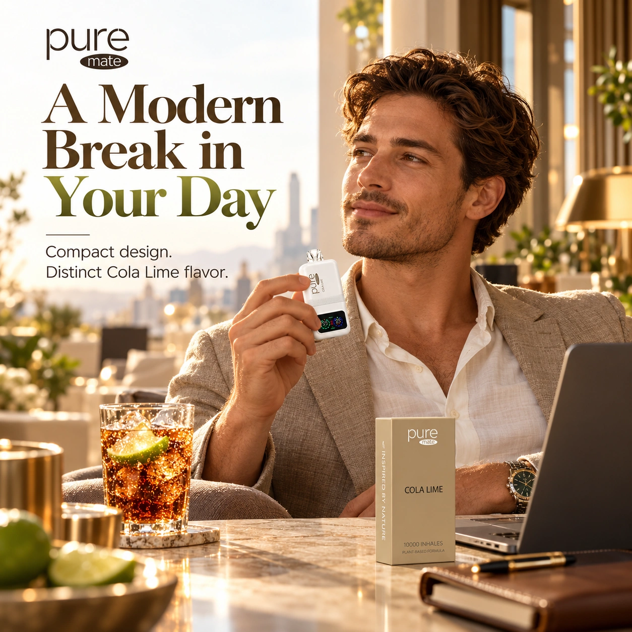 Adult man with Pure Mate Cola Lime vitamin B12 diffuser in a modern lifestyle setting