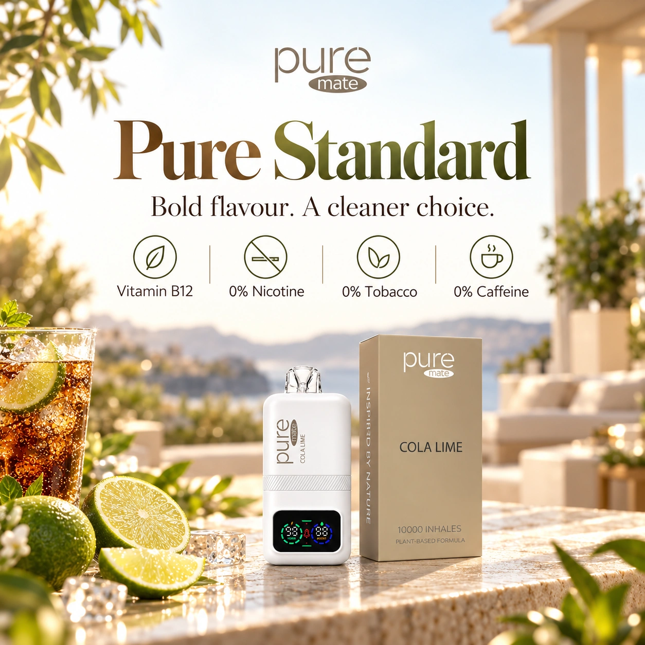 Pure Mate Cola Lime vitamin B12 diffuser with product information for nicotine-free everyday browsing