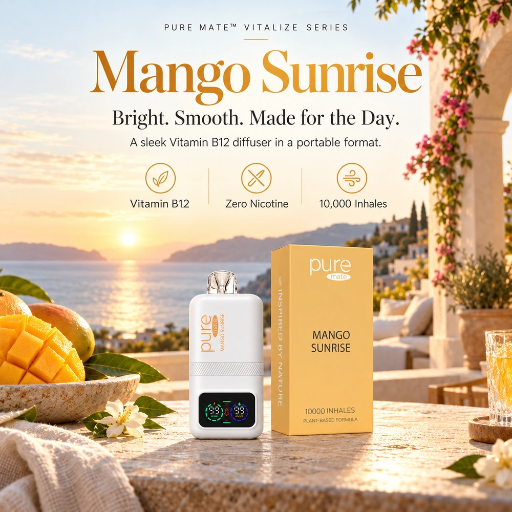 Pure Mate Mango Sunrise vitamin B12 diffuser with matching product packaging