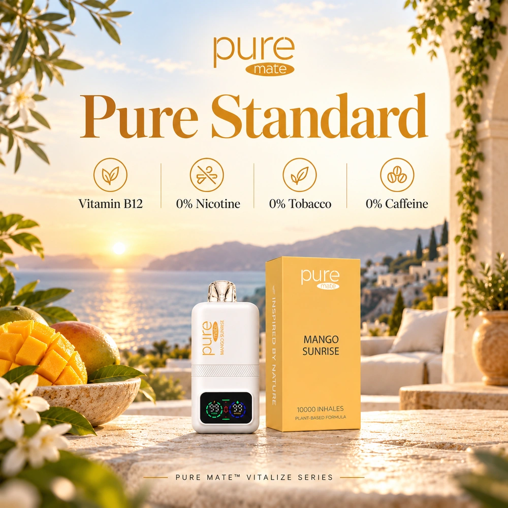 Pure Mate Mango Sunrise vitamin B12 diffuser with product information for nicotine-free everyday browsing