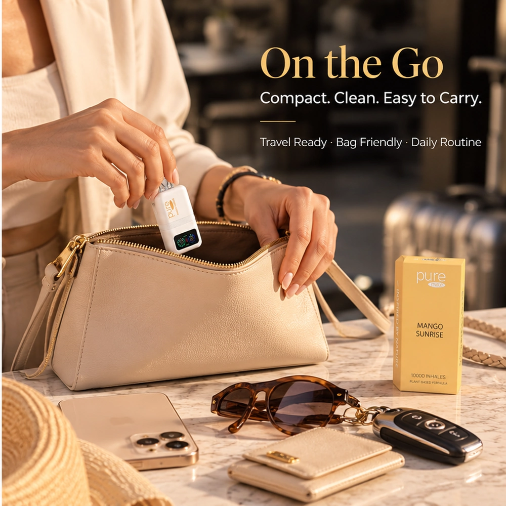 Pure Mate Mango Sunrise vitamin B12 diffuser shown in a compact on-the-go carry setting