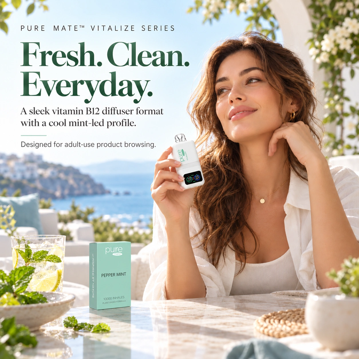Adult woman holding Pure Mate Pepper Mint vitamin B12 diffuser in a lifestyle setting