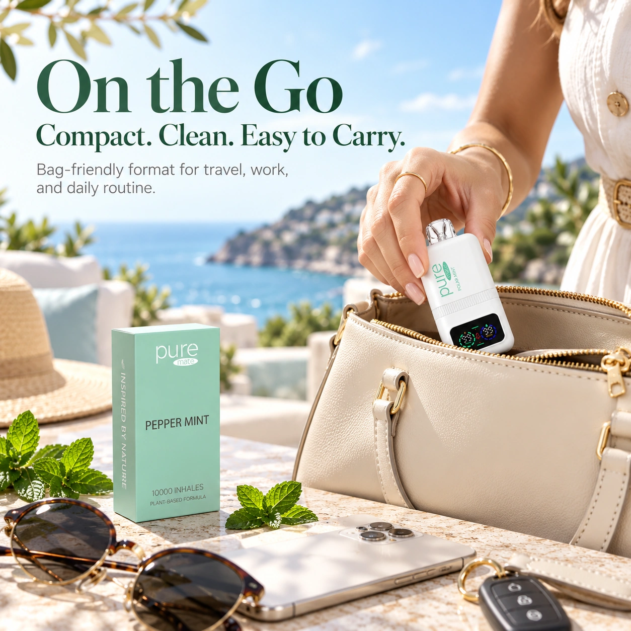 Pure Mate Pepper Mint vitamin B12 diffuser shown in a compact on-the-go carry setting