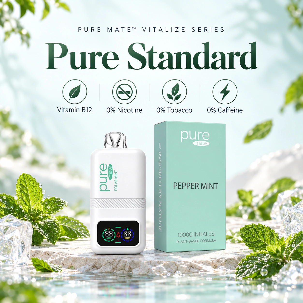 Pure Mate Pepper Mint vitamin B12 diffuser with product information for nicotine-free everyday browsing