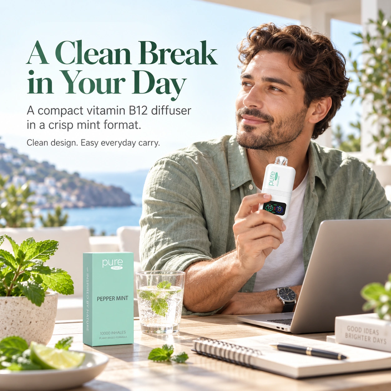 Pure Mate Pepper Mint vitamin B12 diffuser in a modern lifestyle setting