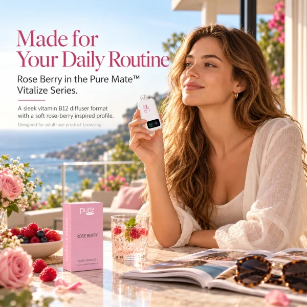 Pure Mate Rose Berry vitamin B12 diffuser in a modern lifestyle setting