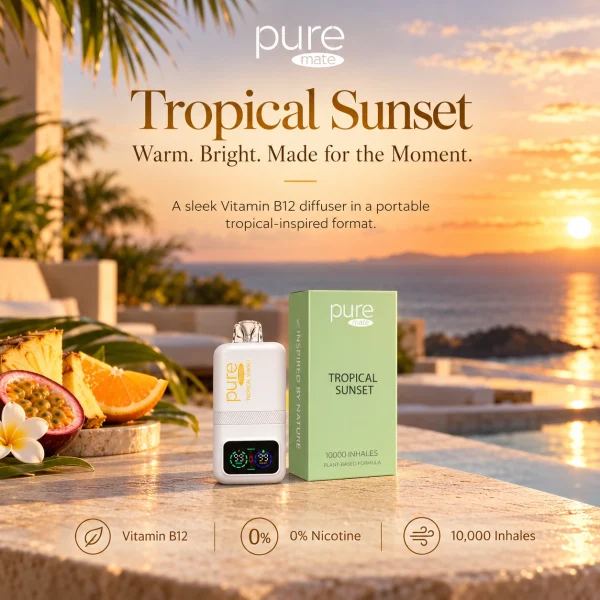 Pure Mate Tropical Sunset vitamin B12 diffuser with matching product packaging