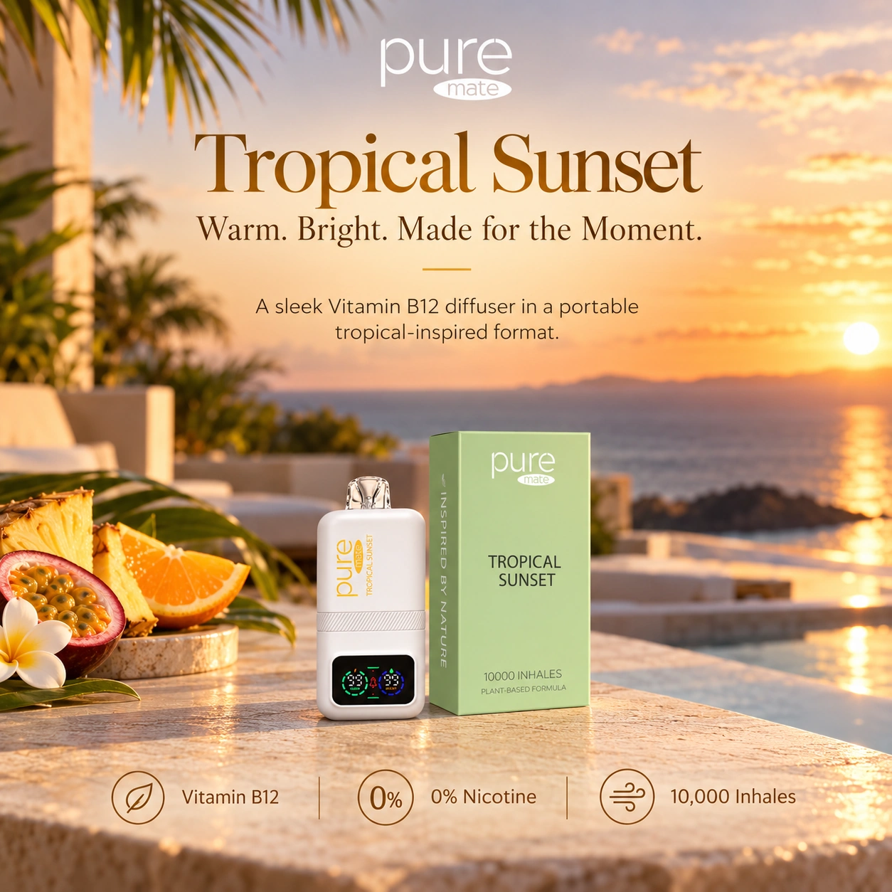 Pure Mate Tropical Sunset vitamin B12 diffuser with matching product packaging