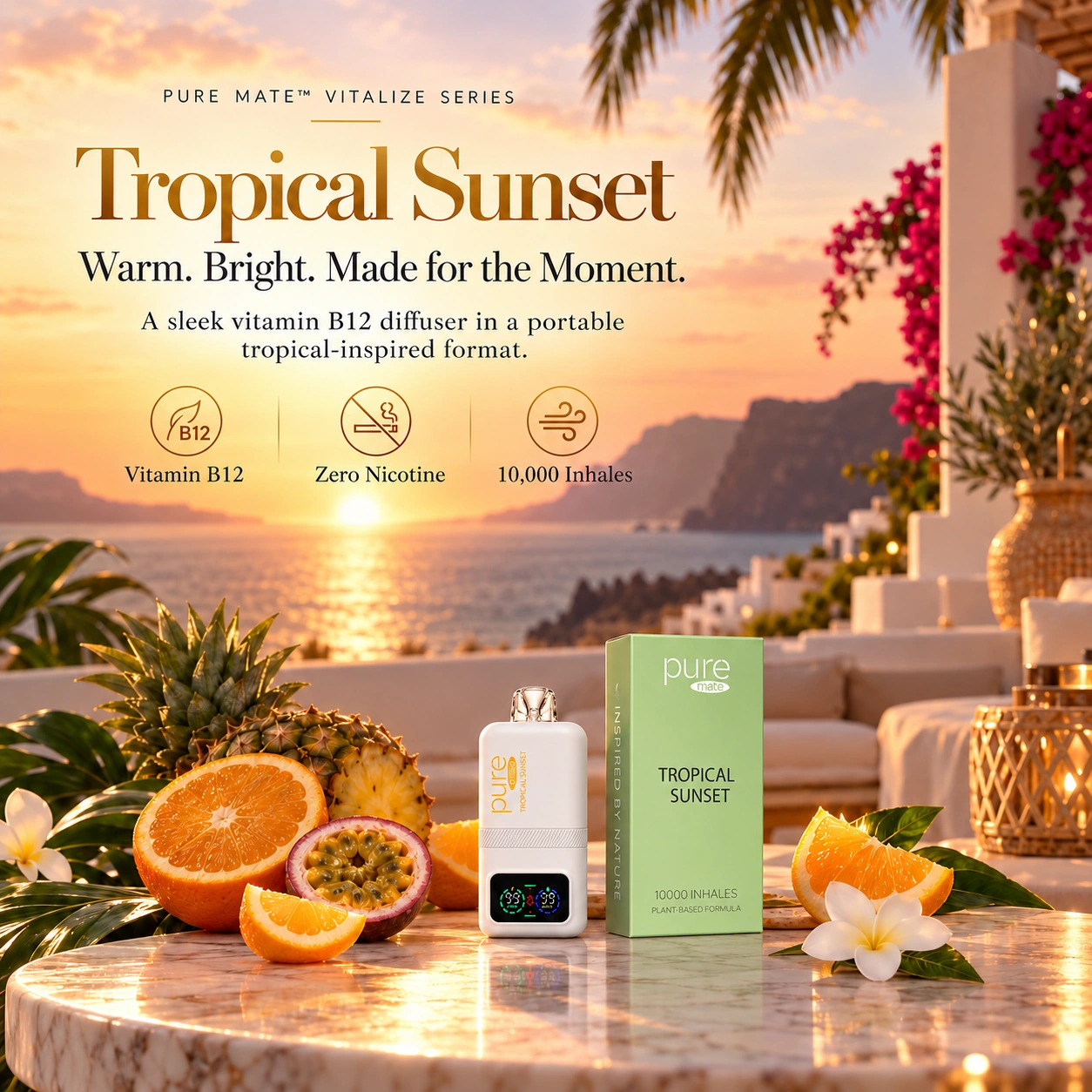 Pure Mate Tropical Sunset vitamin B12 diffuser in a modern lifestyle setting