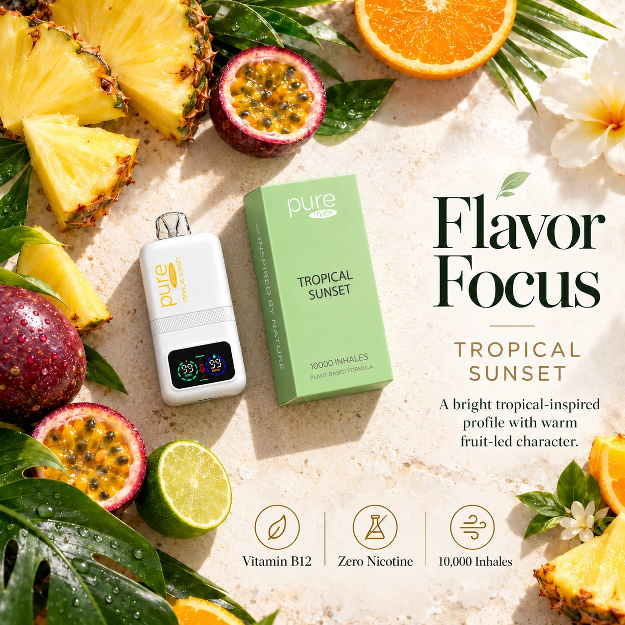 Pure Mate Tropical Sunset vitamin B12 diffuser with Tropical Sunset inspired flavor styling