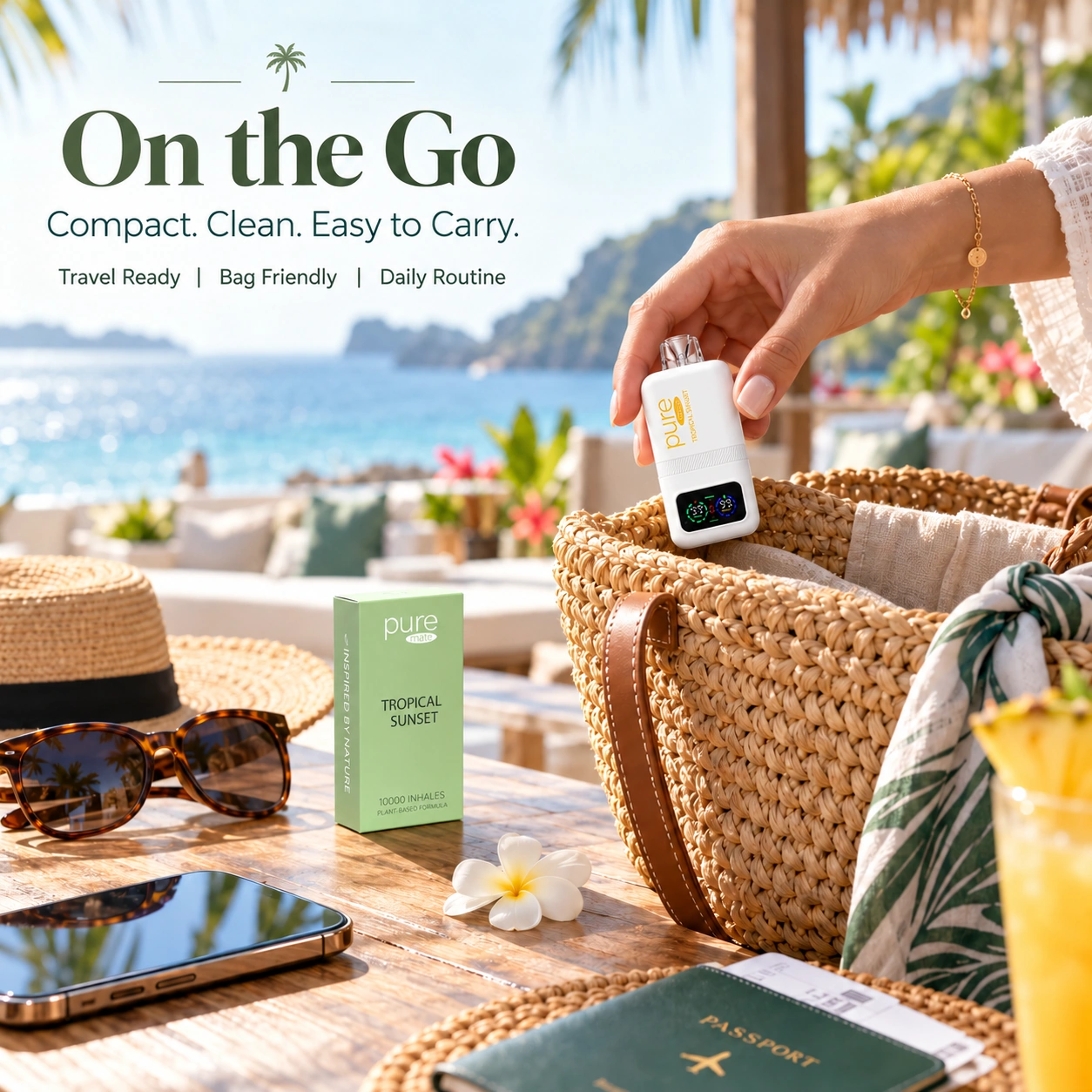 Pure Mate Tropical Sunset vitamin B12 diffuser shown in a compact on-the-go carry setting