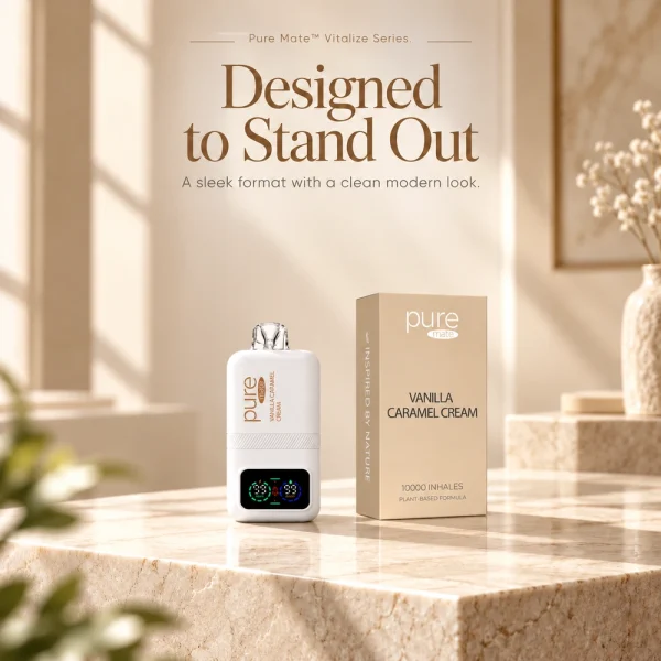 Pure Mate Vanilla Caramel Cream vitamin B12 diffuser with matching product packaging