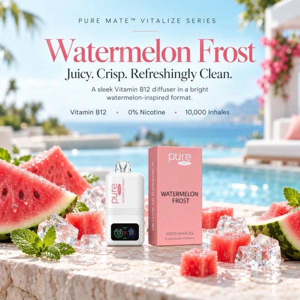 Pure Mate Watermelon Frost vitamin B12 diffuser with matching product packaging