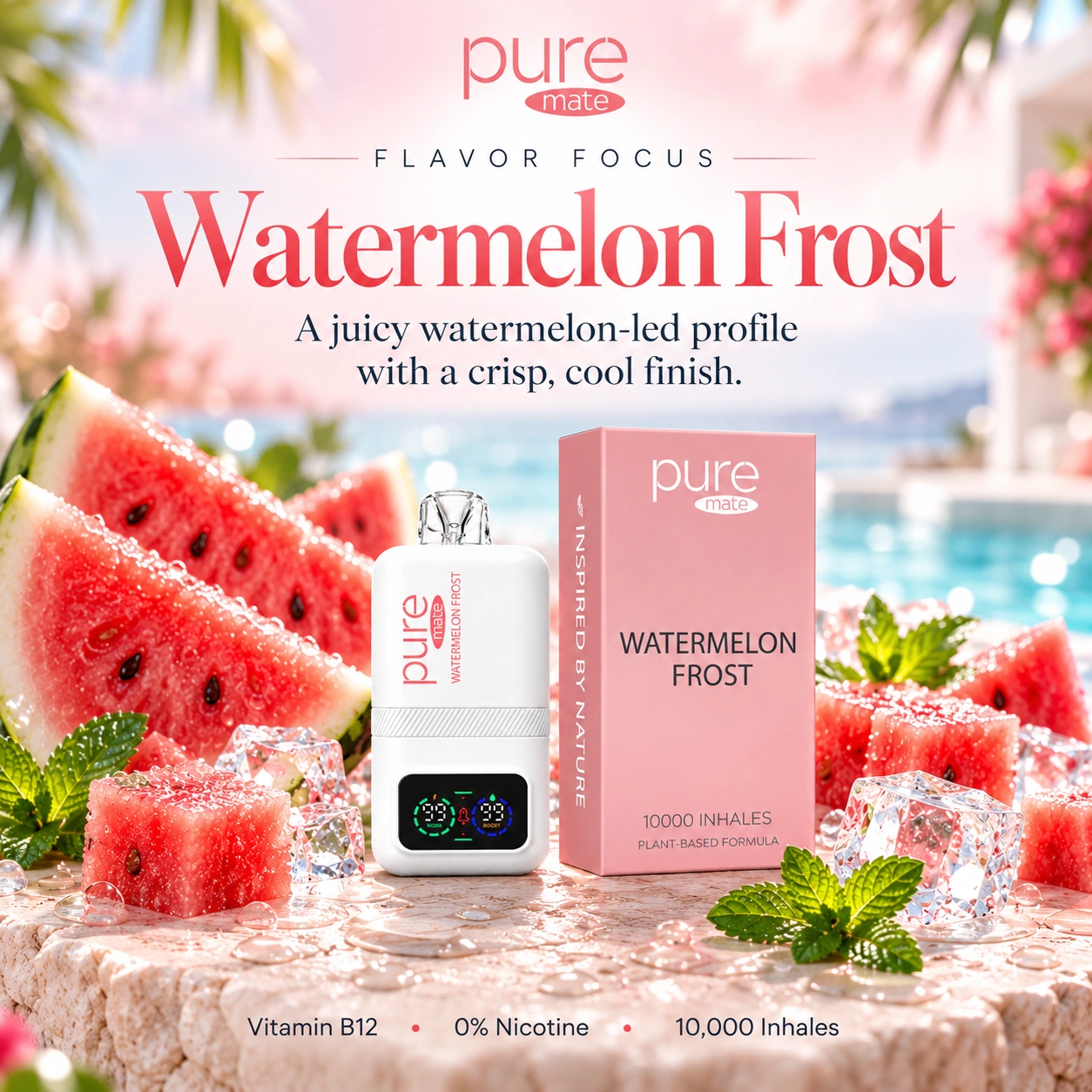 Pure Mate Watermelon Frost vitamin B12 diffuser with Watermelon Frost inspired flavor styling