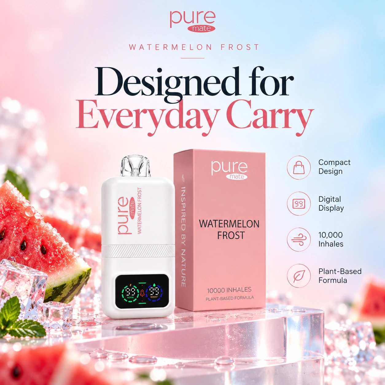 Pure Mate Watermelon Frost vitamin B12 diffuser showing compact device design and digital display