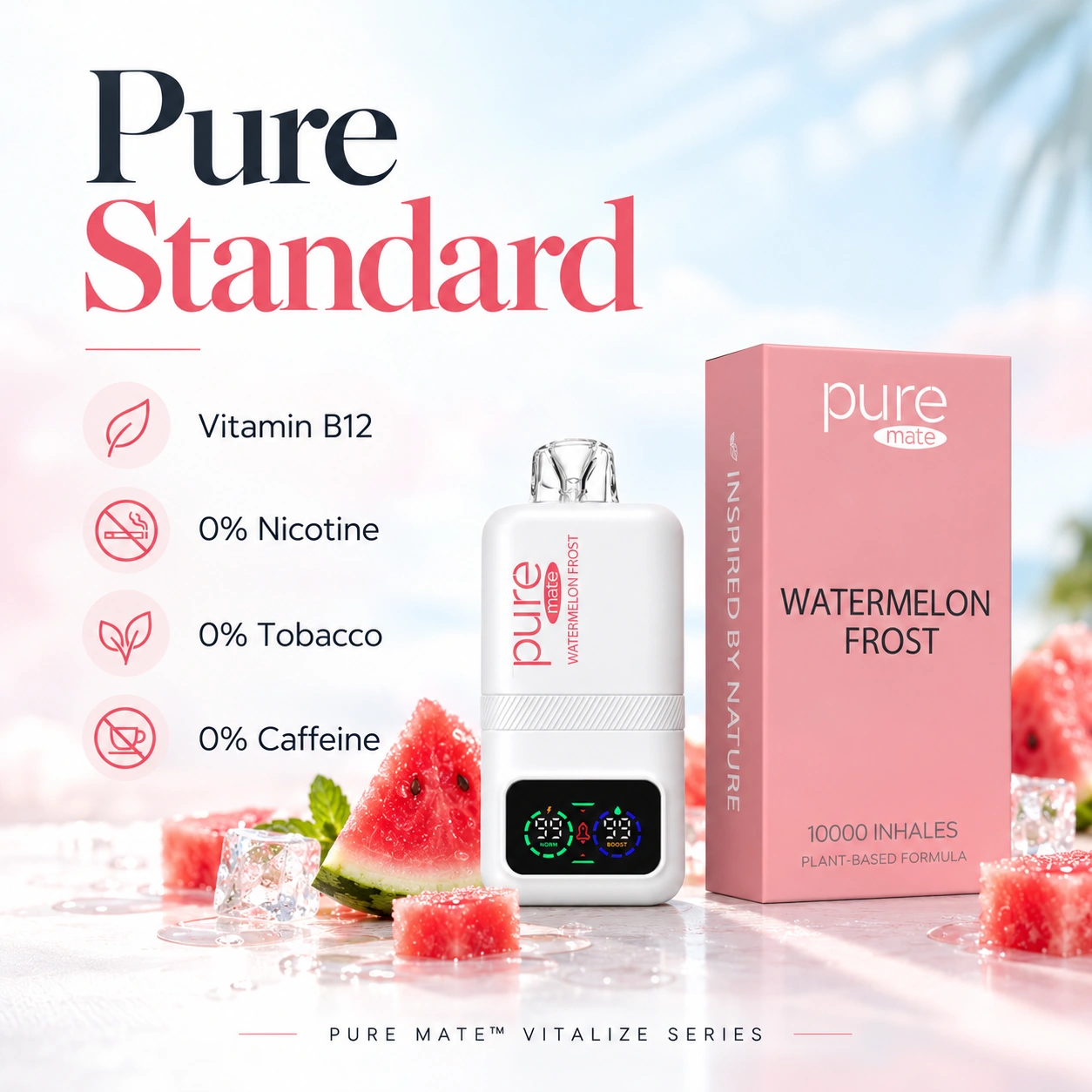 Pure Mate Watermelon Frost vitamin B12 diffuser with product information for nicotine-free everyday browsing
